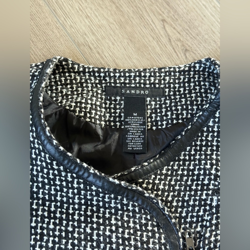Sandro Monochrome Tweed Jacket Motorcycle Jacket w/ Leather Trim - Picture 3 of 6